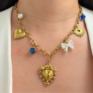 Gold Heart Charm Necklace with Blue and Pearl Accents
